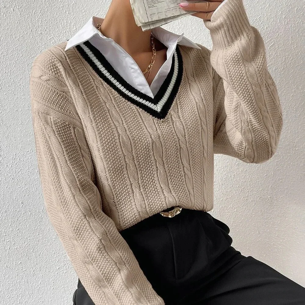 Khaki Casual Women's Striped Trim Drop Shoulder Cable Knit Sweater